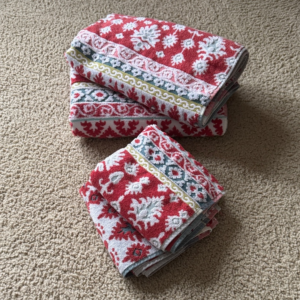 World Market Coral and Aqua Ikat Towels